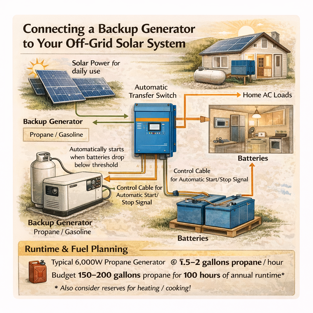 Wiring diagram showing generator integration with off-grid solar system, including automatic transfer switch and battery charging configuration