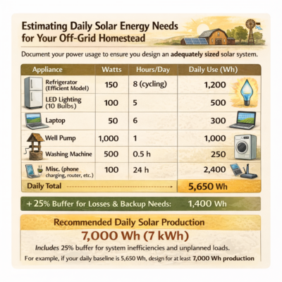 Infographic showing common appliance wattages and daily consumption estimates for a typical off-grid Oklahoma homestead