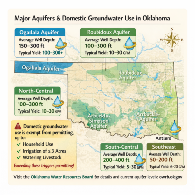 Map of Oklahoma's major aquifers (Ogallala, Arbuckle-Simpson, Roubidoux, Antlers) with average well depths and yield expectations by region.