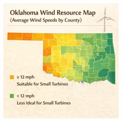 Map of Oklahoma by county showing wind resource zones and small wind turbine suitability, with southeastern counties highlighted.