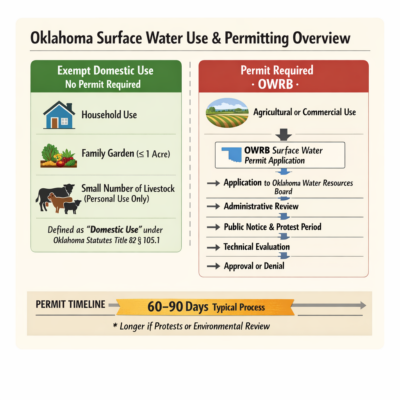 Diagram showing the surface water permit application process with OWRB, including timeline expectations (typically 60-90 days for standard applications)