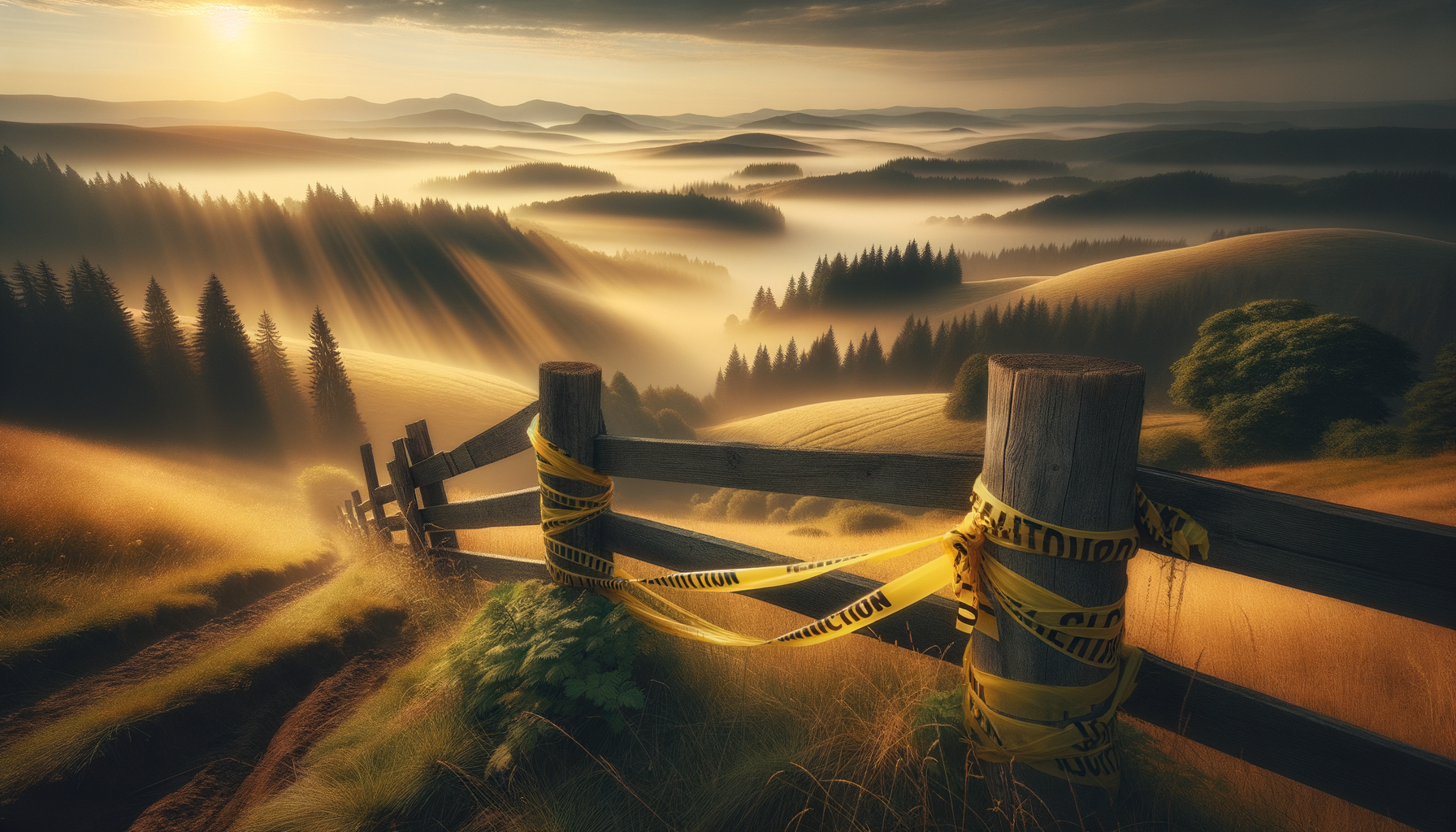 Misty rural meadow with caution tape on fence post symbolizing land scam awareness